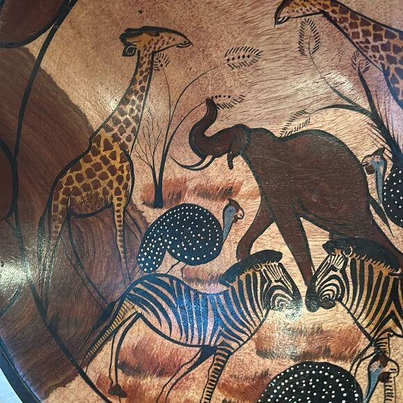 Vintage Hand Crafted Wooden Bowl African Folk Art Brown Giraffe Zebra Elephant - Picture 3 of 8